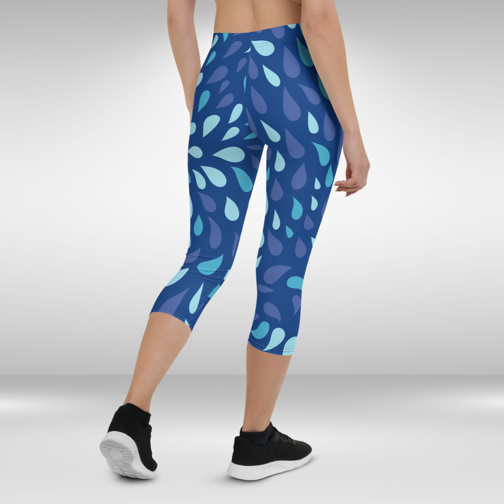 Women Gym Capri Legging - Blue Water Drops Print