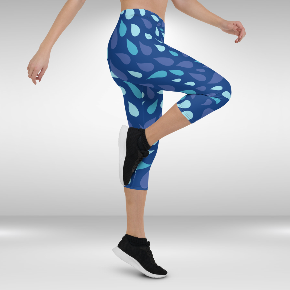 Women Gym Capri Legging - Blue Water Drops Print