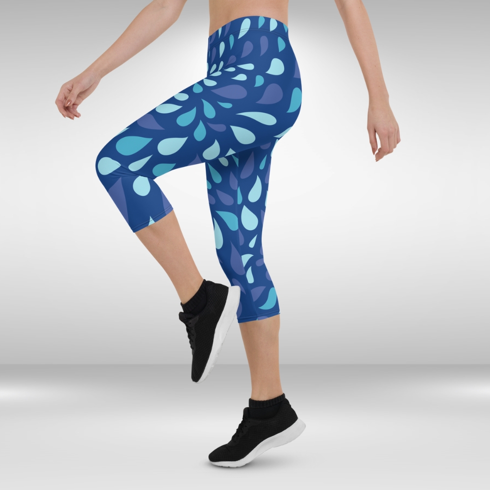 Women Gym Capri Legging - Blue Water Drops Print