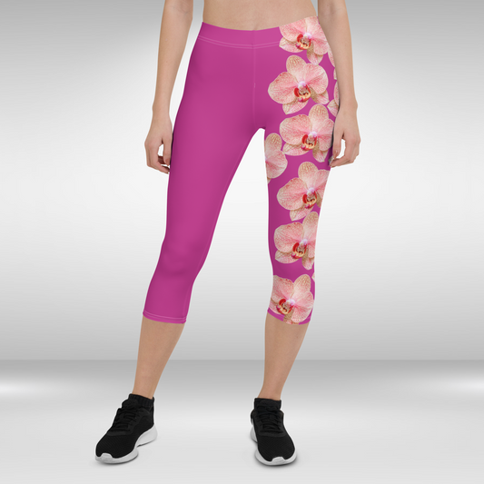 Women Capri Leggings - Red Violet Pink and White Orchid Print