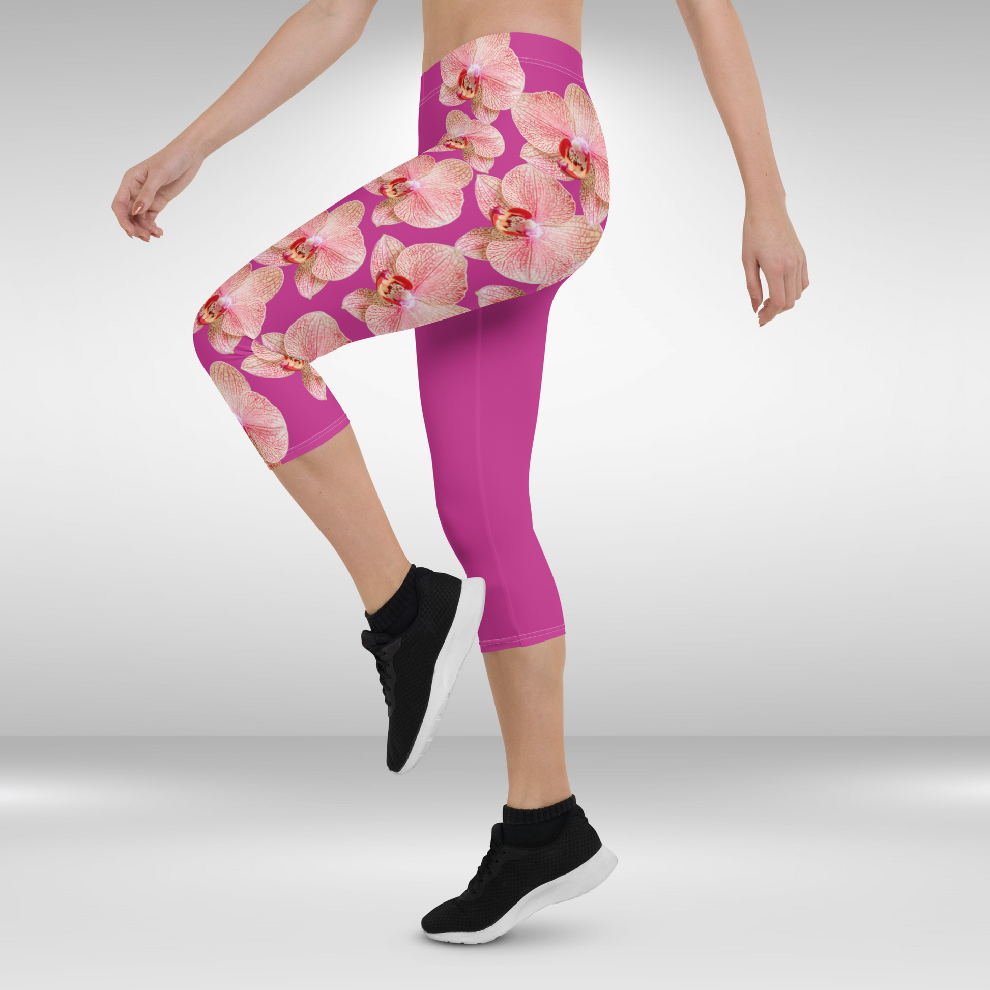 Women Capri Leggings - Red Violet Pink and White Orchid Print