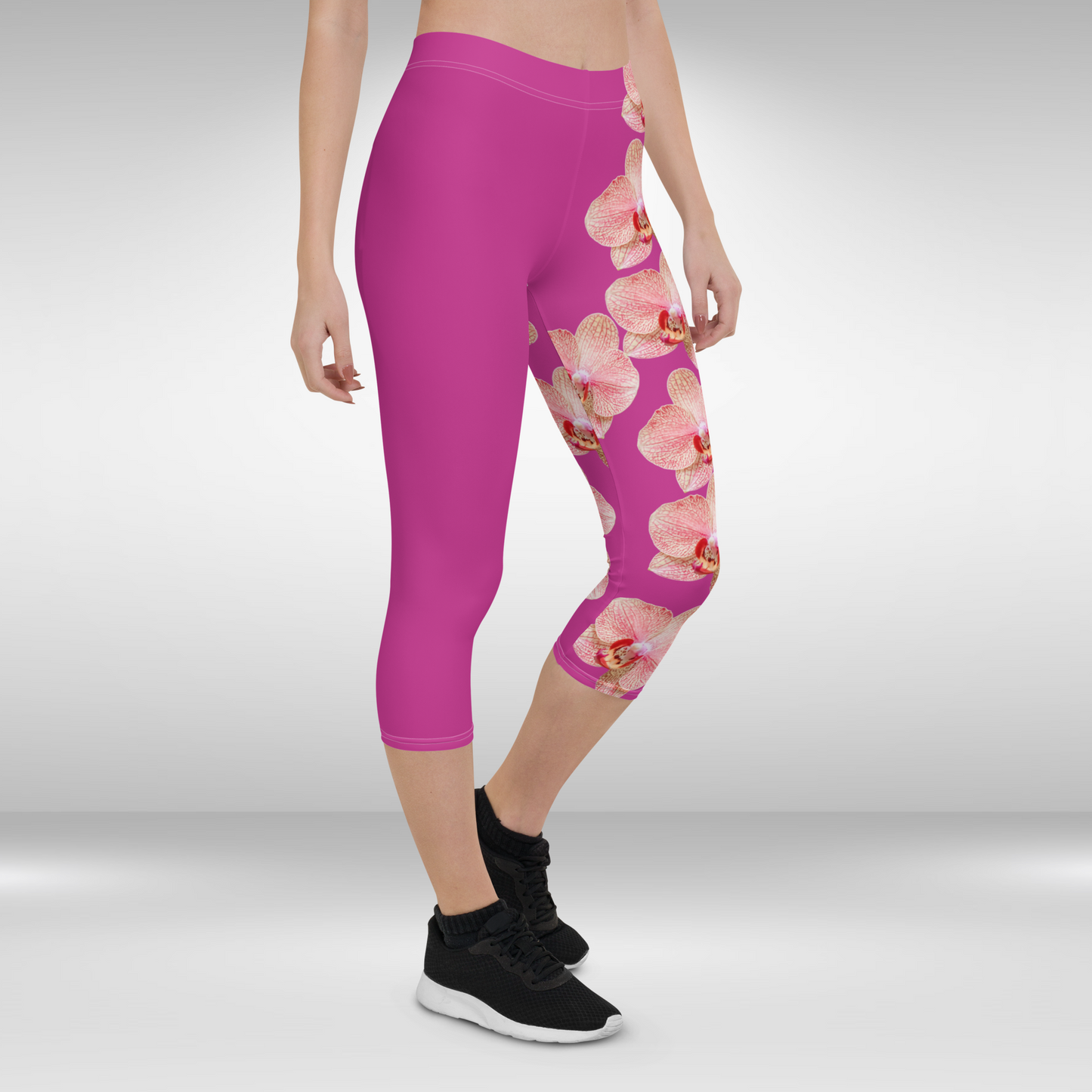Women Capri Leggings - Red Violet Pink and White Orchid Print