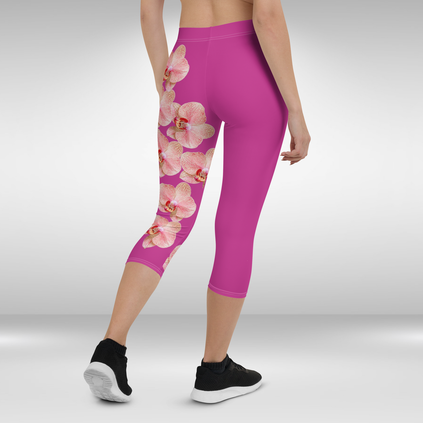 Women Capri Leggings - Red Violet Pink and White Orchid Print