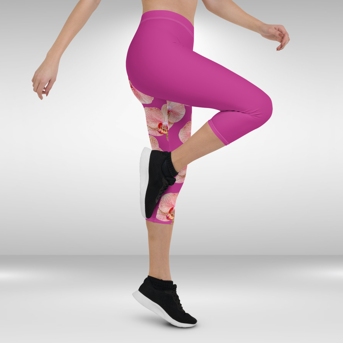 Women Capri Leggings - Red Violet Pink and White Orchid Print