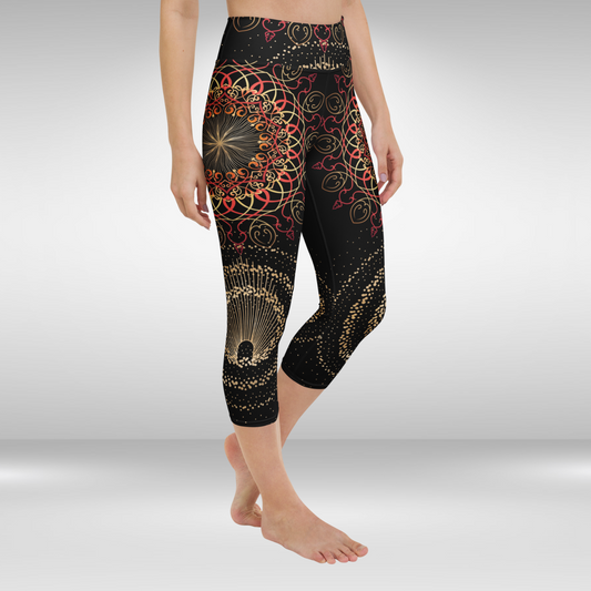 Women Capri Legging - Red and Gold Mandala Print
