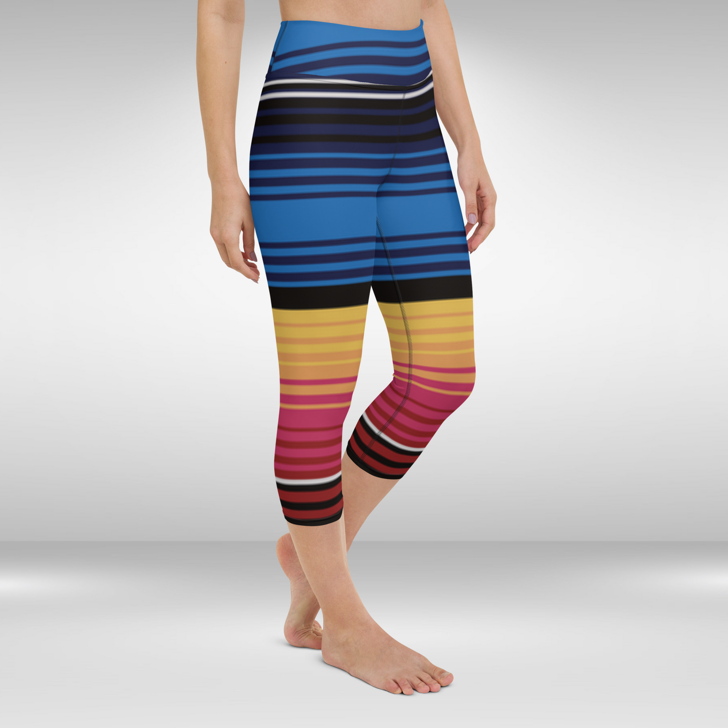 Women Capri Legging - Blue and Yellow Stripe Print