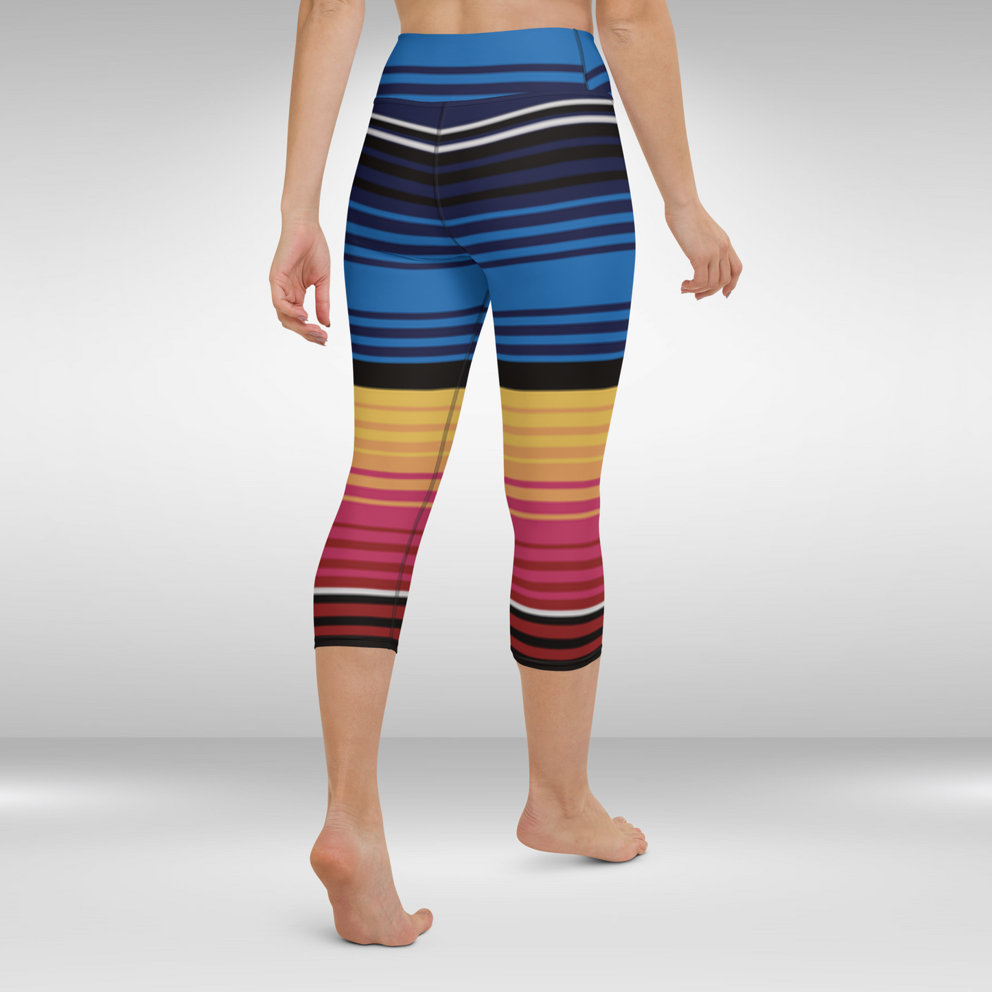 Women Capri Legging - Blue and Yellow Stripe Print