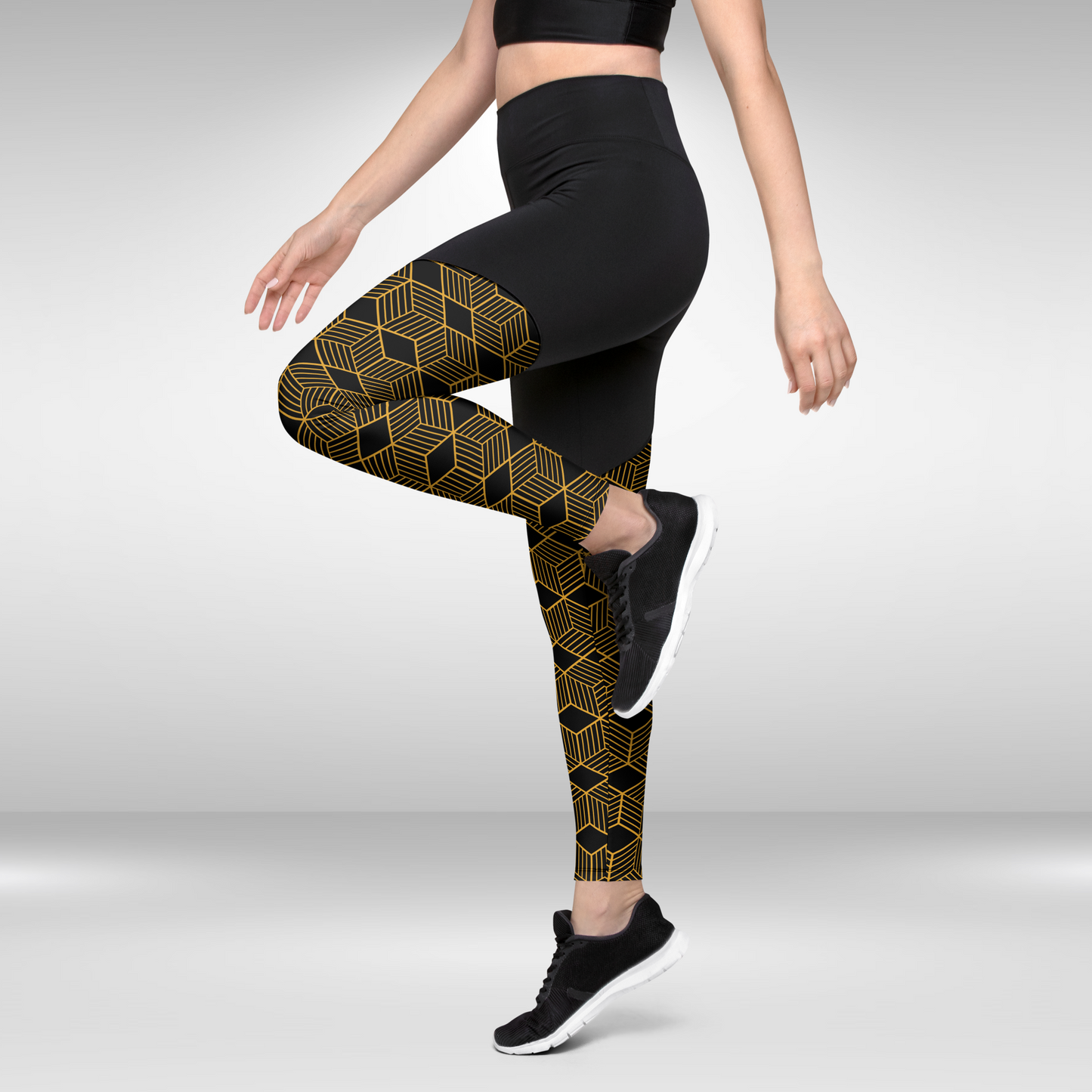 Women Compression Leggings - Black and Gold Geometric Print