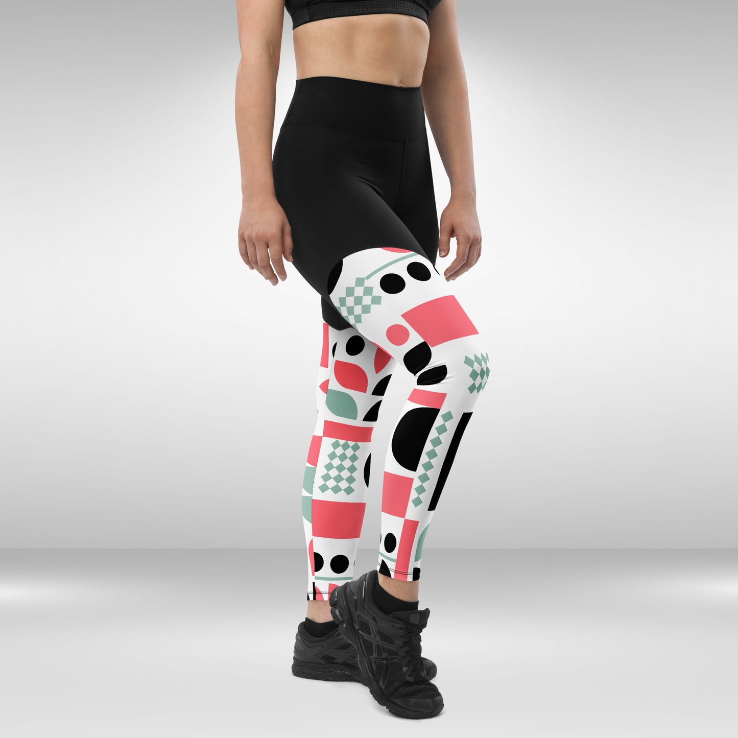 Women Compression Leggings - White and Pink Abstract Print