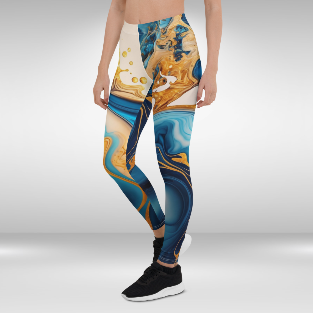 Women Gym Leggings - Blue and Gold Abstract Print