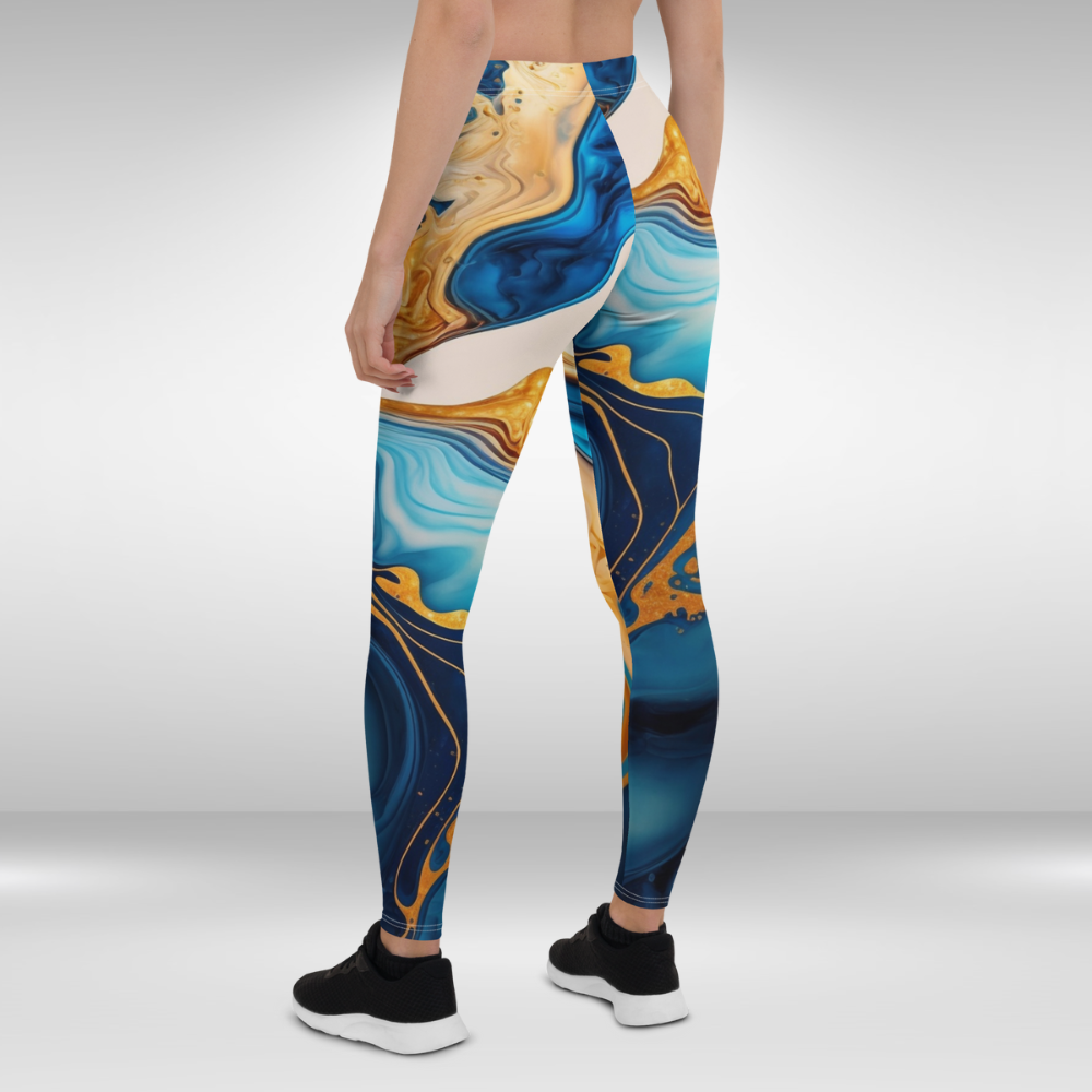 Women Gym Leggings - Blue and Gold Abstract Print