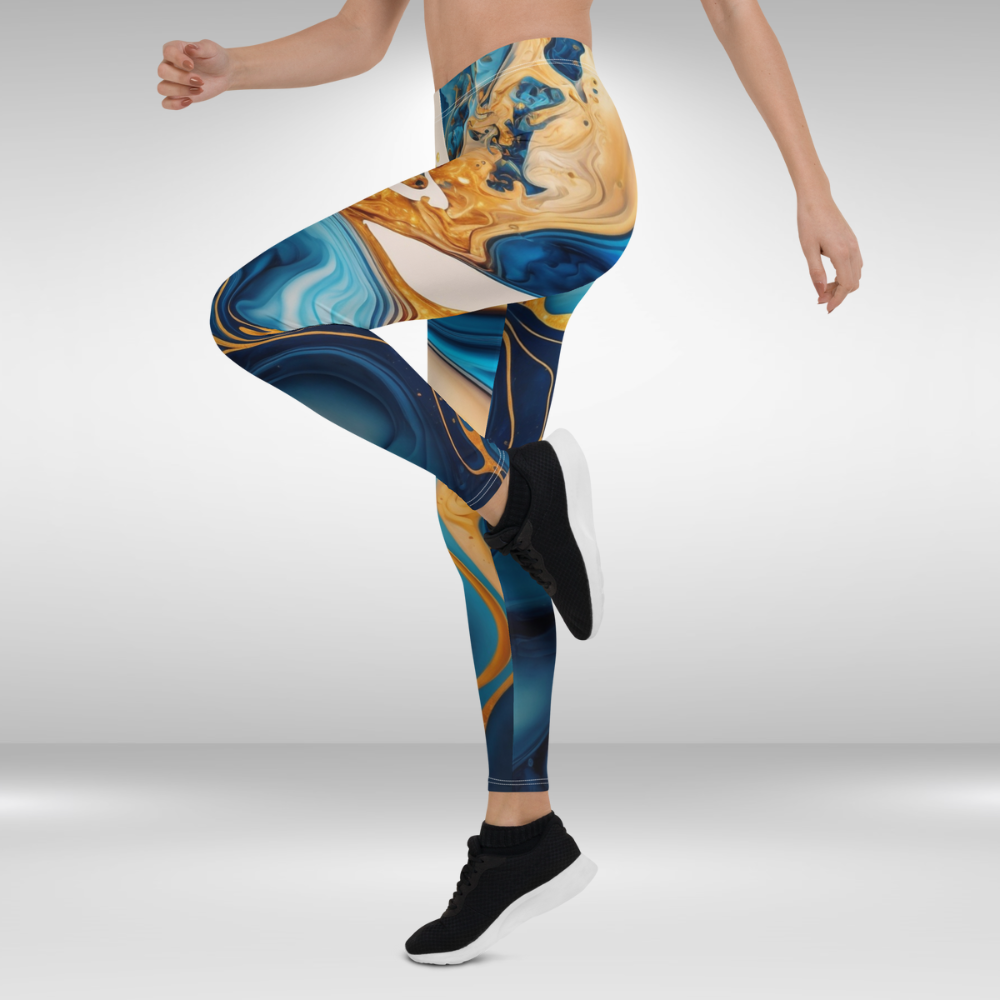 Women Gym Leggings - Blue and Gold Abstract Print