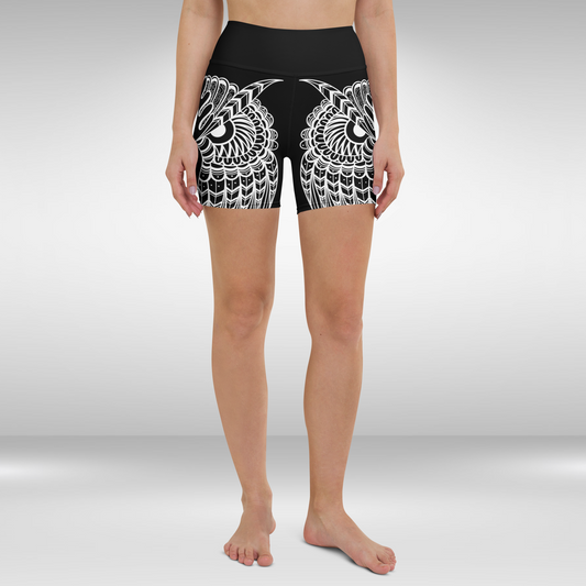 Women High Waist Shorts - Black White Owl Print