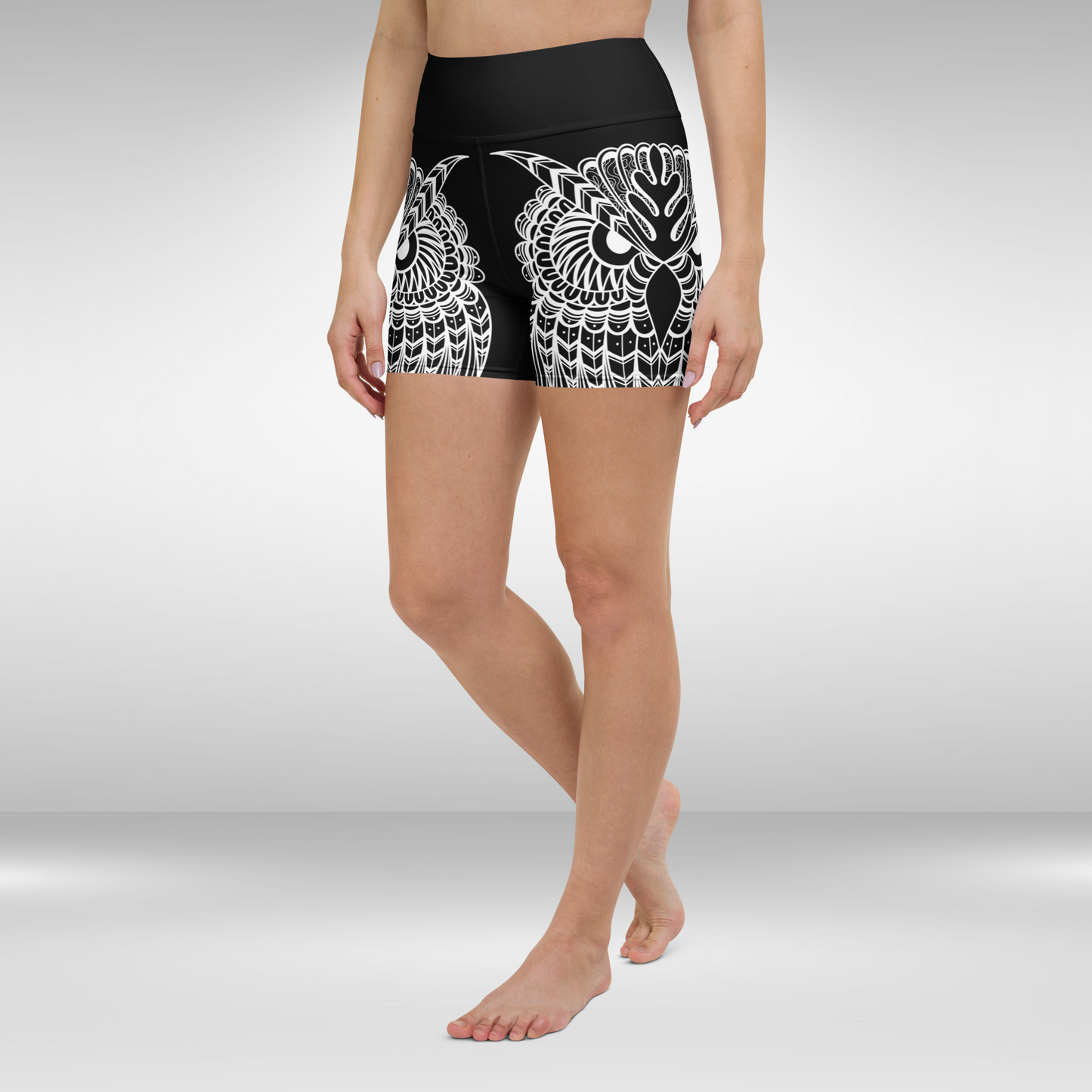 Women High Waist Shorts - Black White Owl Print