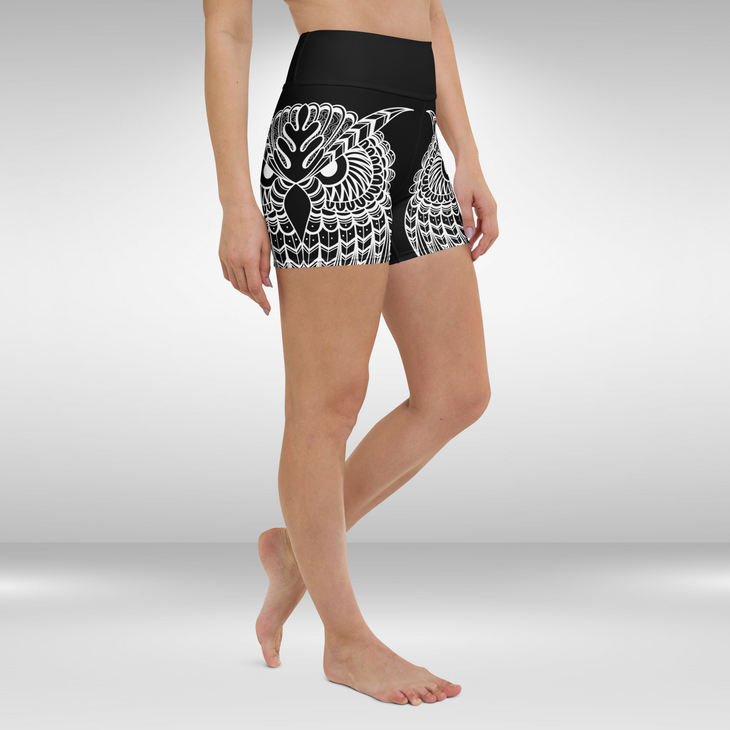 Women High Waist Shorts - Black White Owl Print