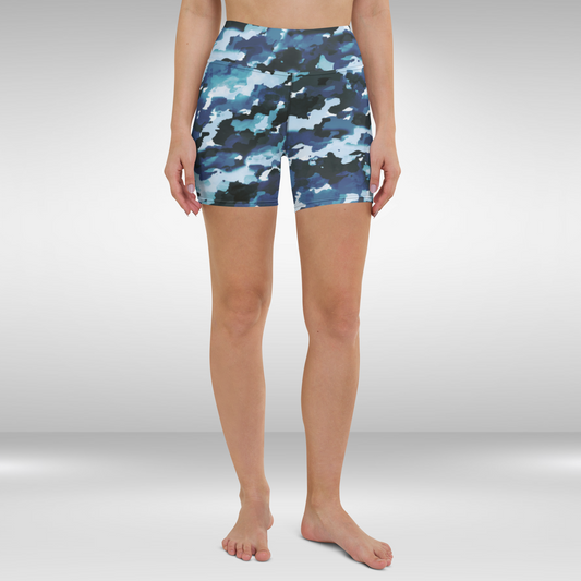 Women High Waist Shorts - Blue Camouflage Print
