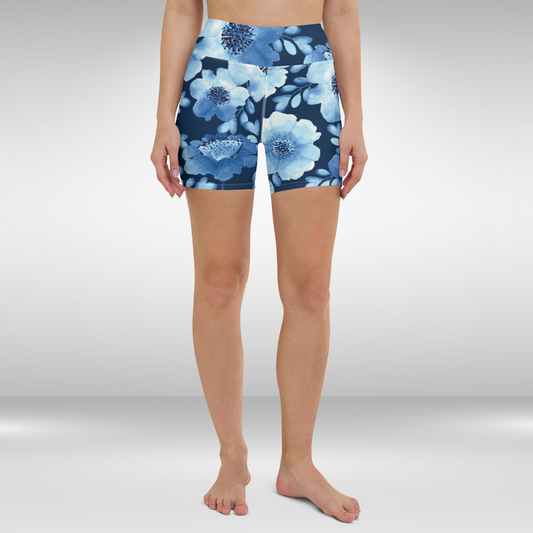 Women High Waist Shorts - Blue Floral Print