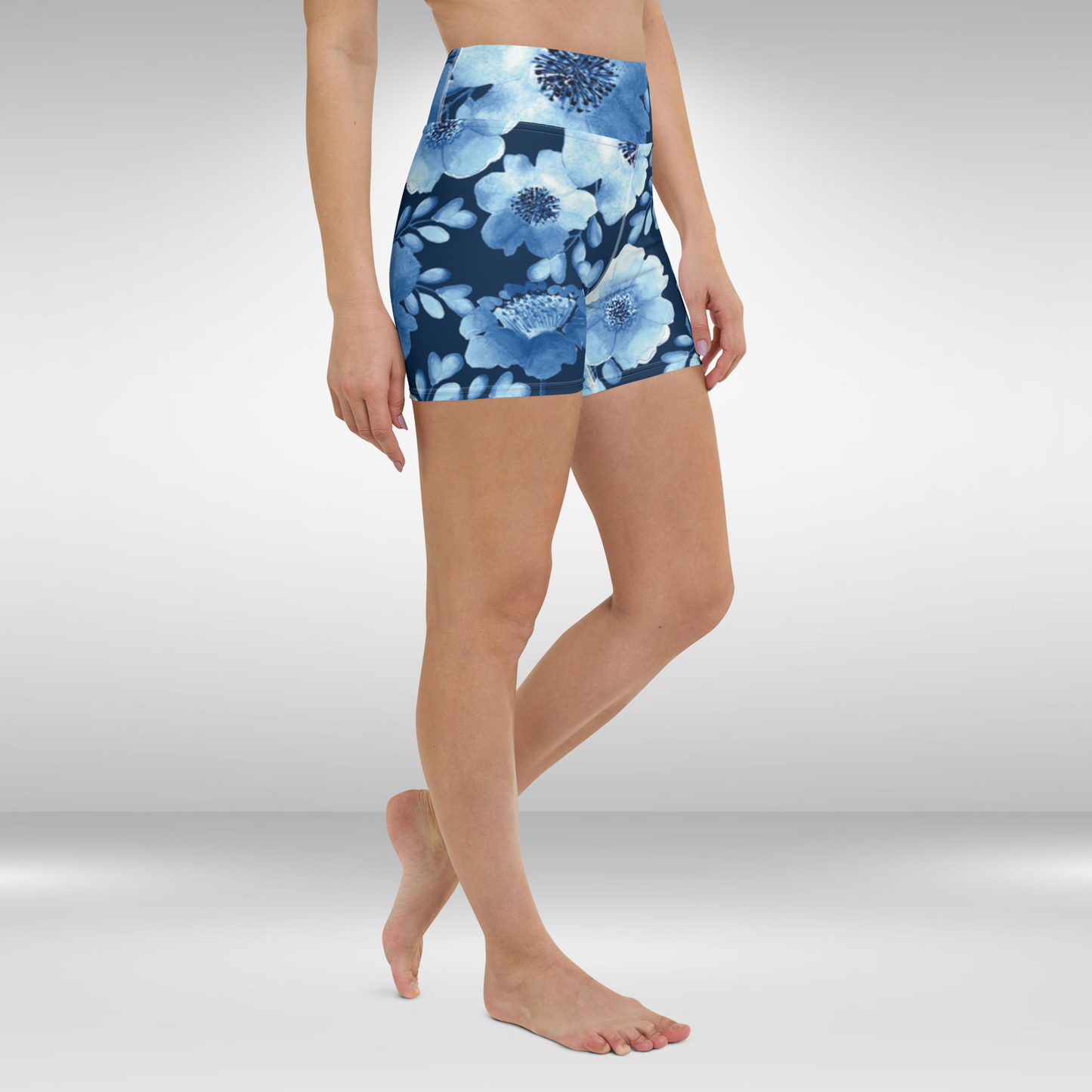 Women High Waist Shorts - Blue Floral Print