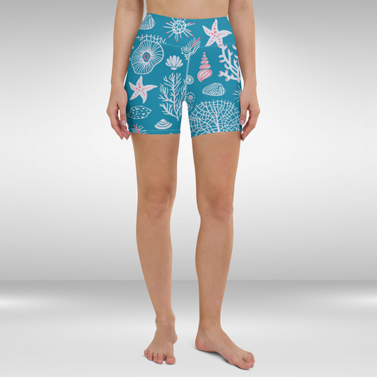 Women High Waist Shorts - Blue Sea Life Print