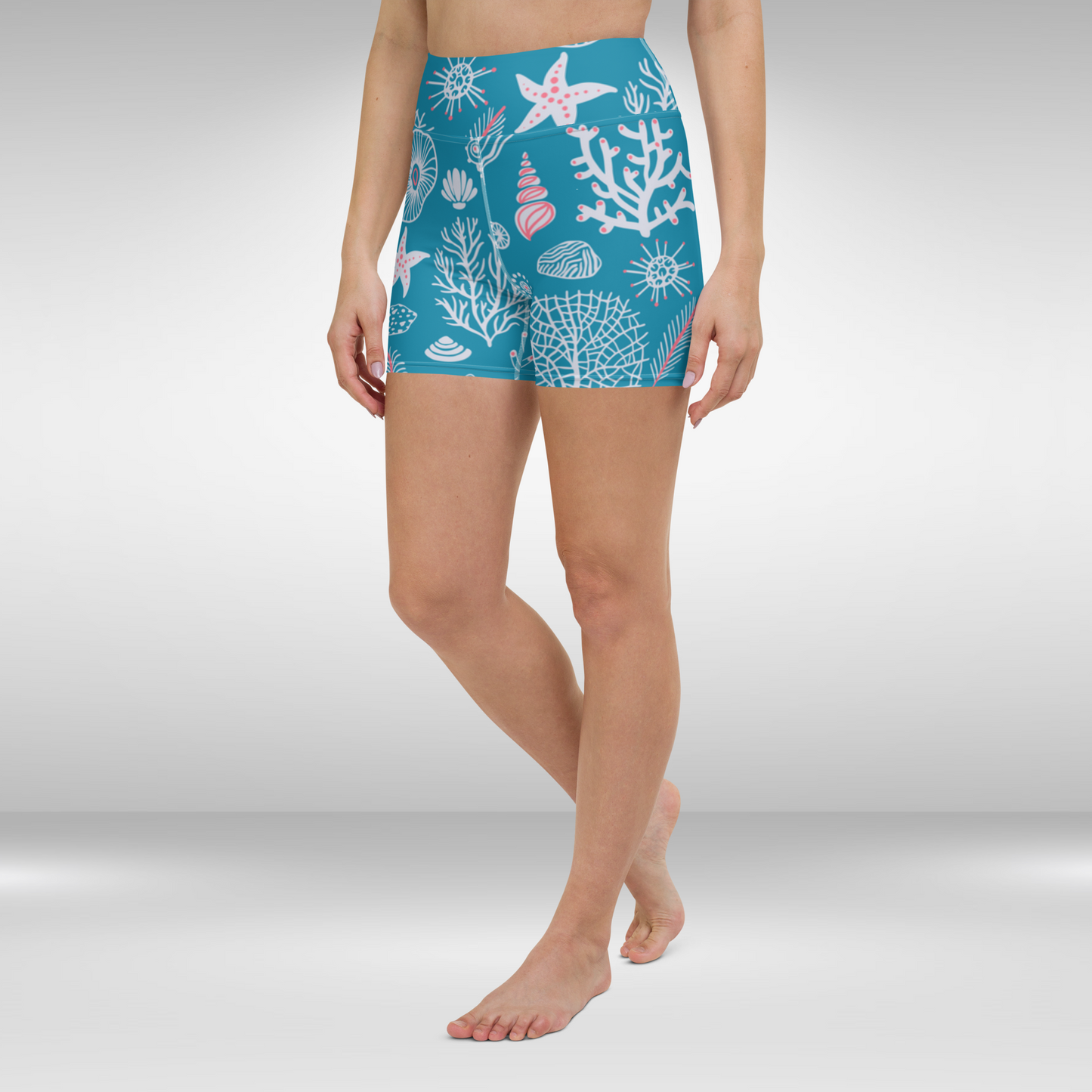 Women High Waist Shorts - Blue Sea Life Print
