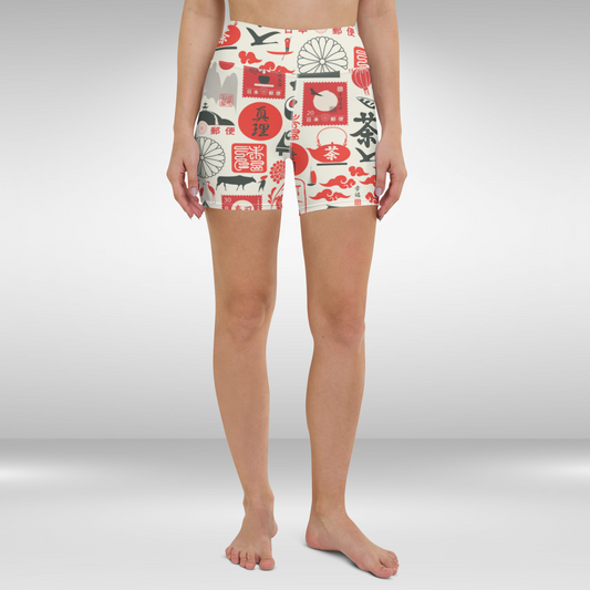 Women High Waist Shorts - Chinese Cultural Collage Print