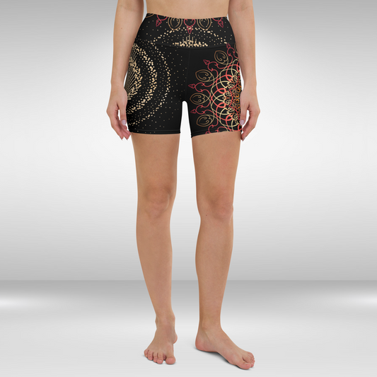 Women High Waist Shorts - Red and Gold Mandala Print