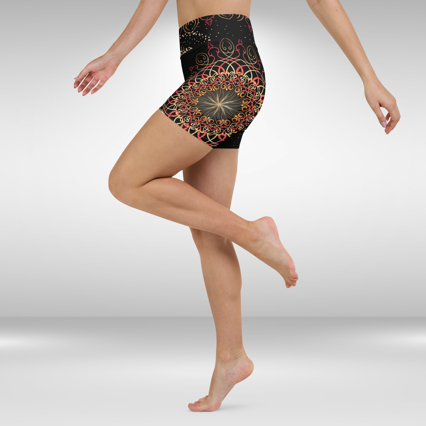 Women High Waist Shorts - Red and Gold Mandala Print