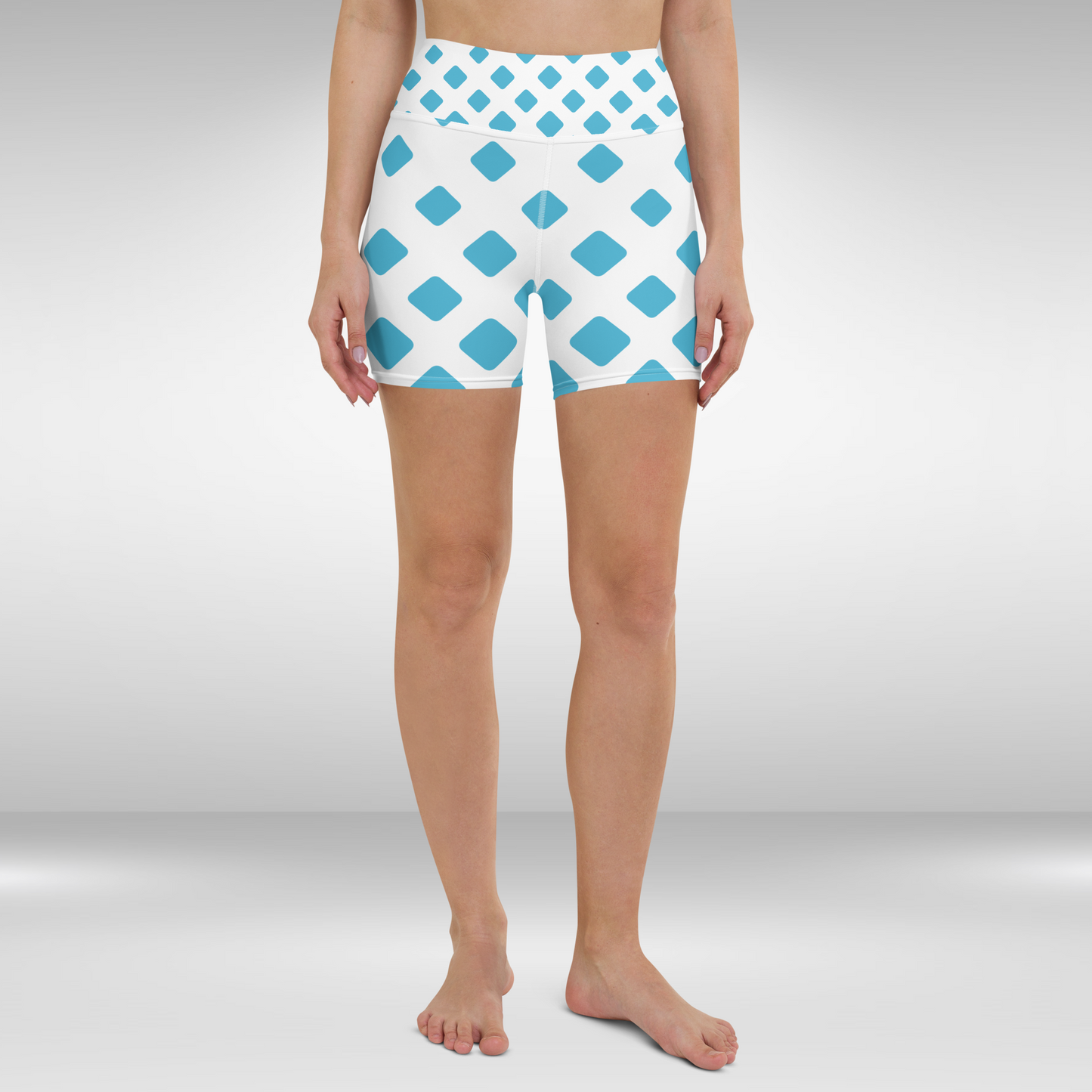 Women High Waist Shorts - White Blue Diamond Print