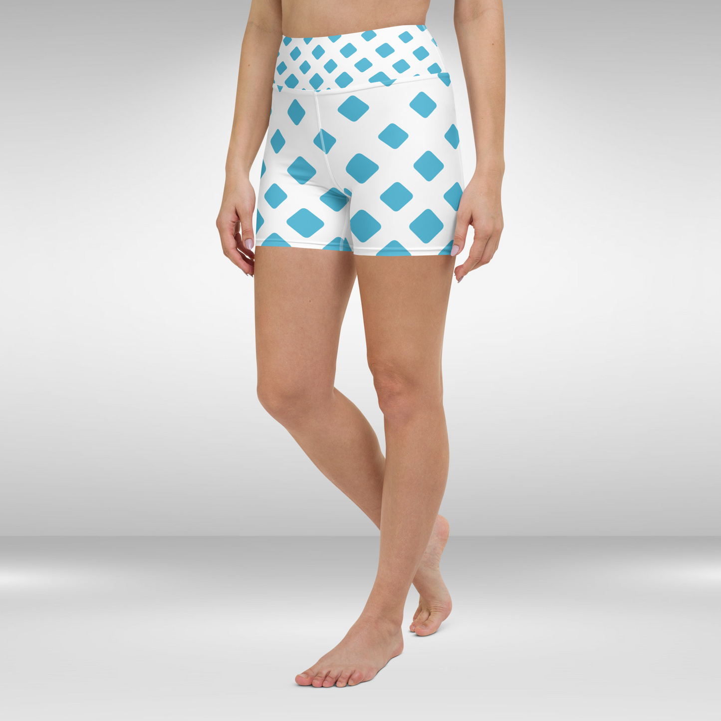 Women High Waist Shorts - White Blue Diamond Print
