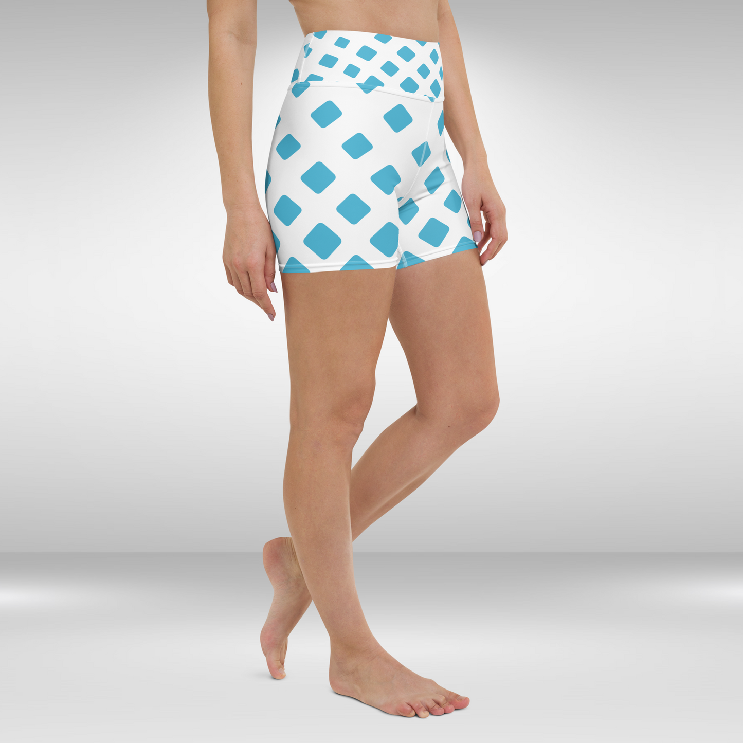 Women High Waist Shorts - White Blue Diamond Print
