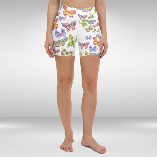 Women High Waist Shorts - White Butterfly Print