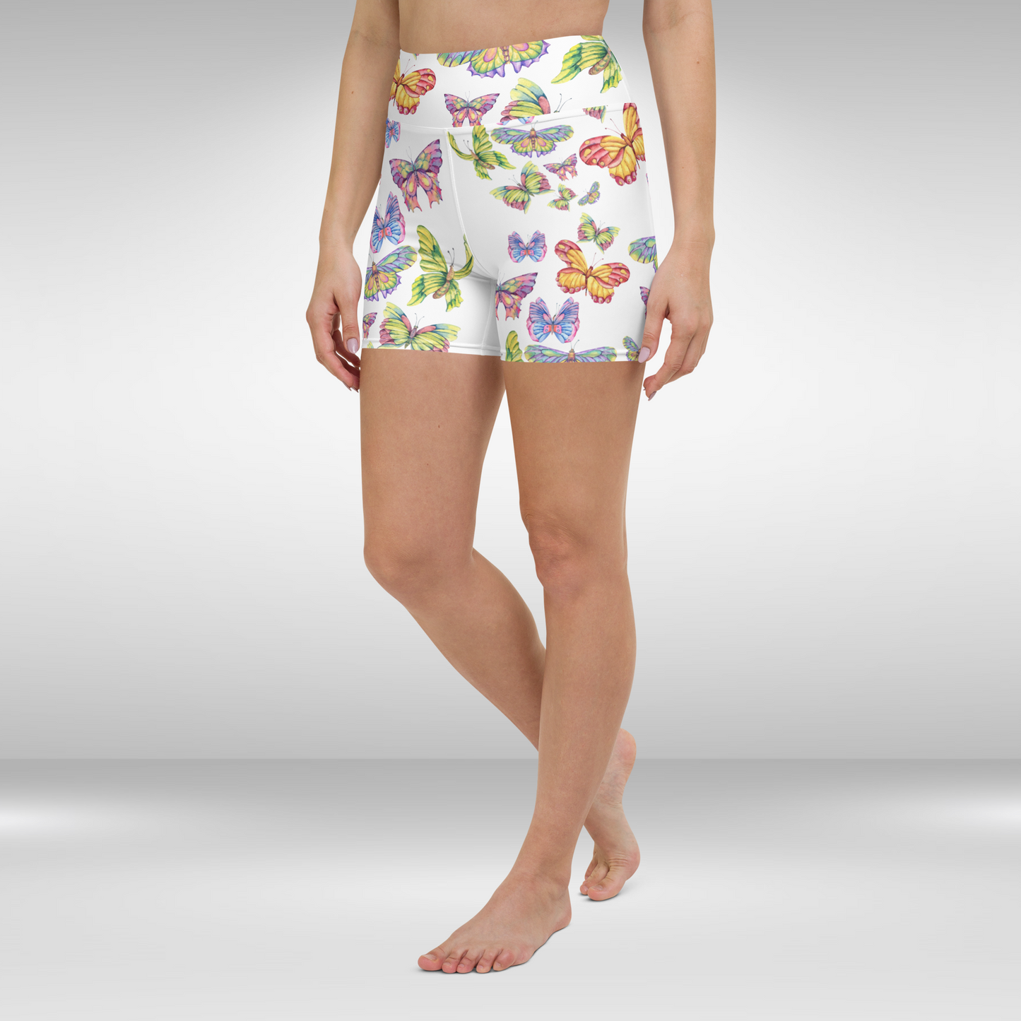 Women High Waist Shorts - White Butterfly Print