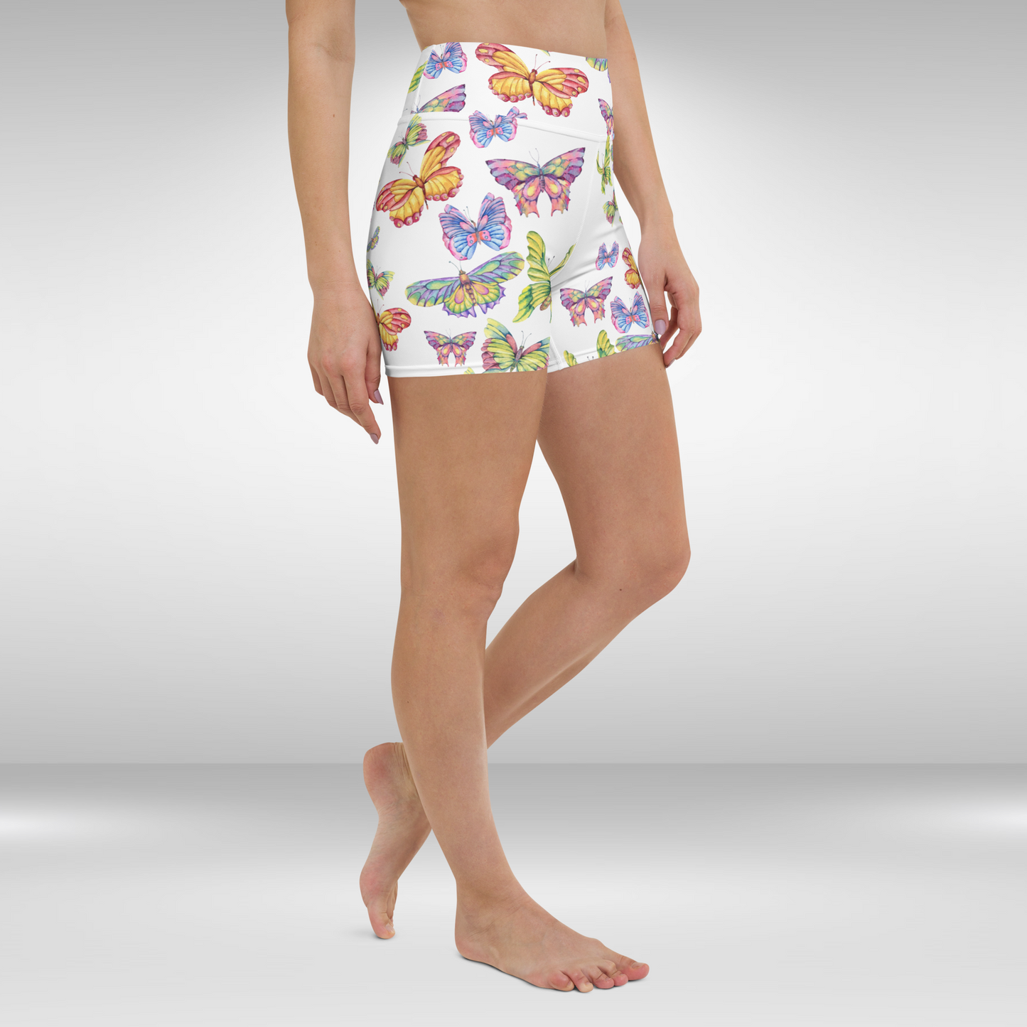 Women High Waist Shorts - White Butterfly Print