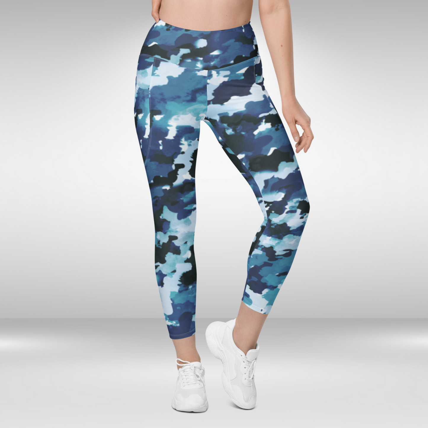 Women Legging With Pockets - Blue Camouflage Print