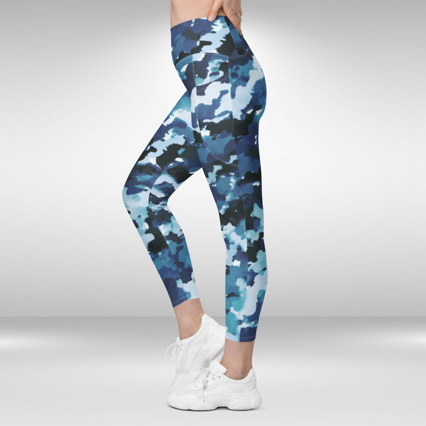 Women Legging With Pockets - Blue Camouflage Print