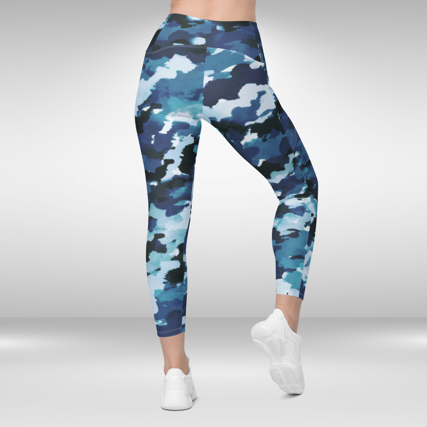 Women Legging With Pockets - Blue Camouflage Print