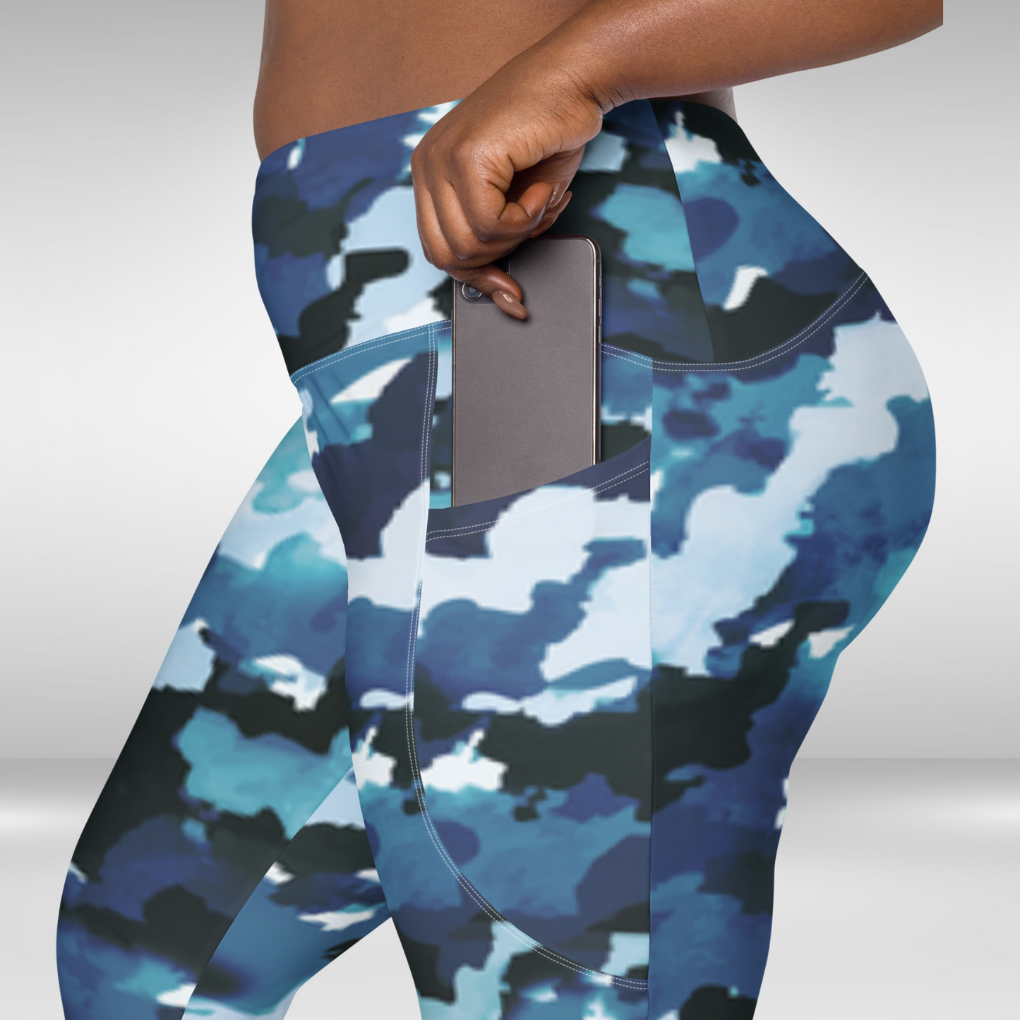 Women Legging With Pockets - Blue Camouflage Print