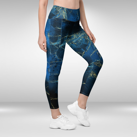 Women Legging With Pockets - Blue and Gold Galactic Print