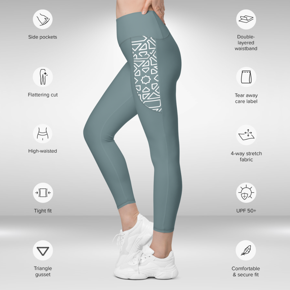 Women Legging With Pockets - Slate Grey Geometric Print