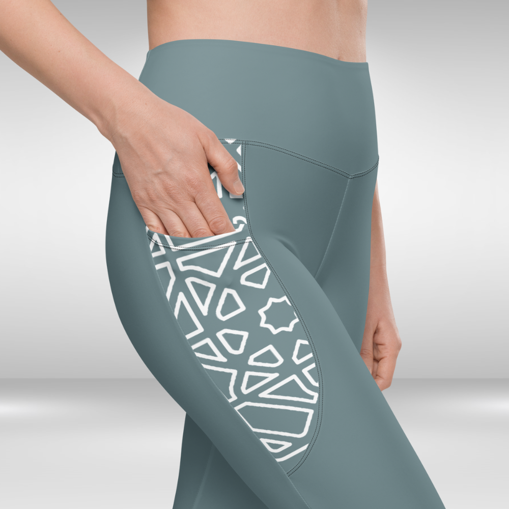 Women Legging With Pockets - Slate Grey Geometric Print