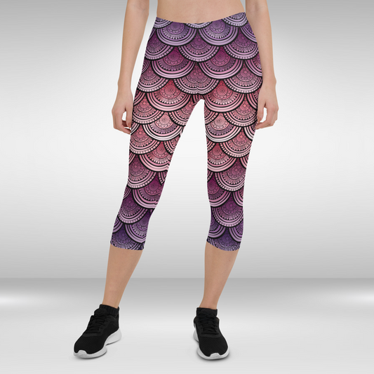 Women Capri Legging- Purple Fish Scale Mandala Print