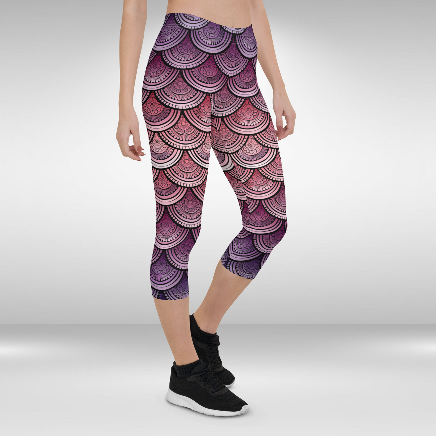 Women Capri Legging- Purple Fish Scale Mandala Print