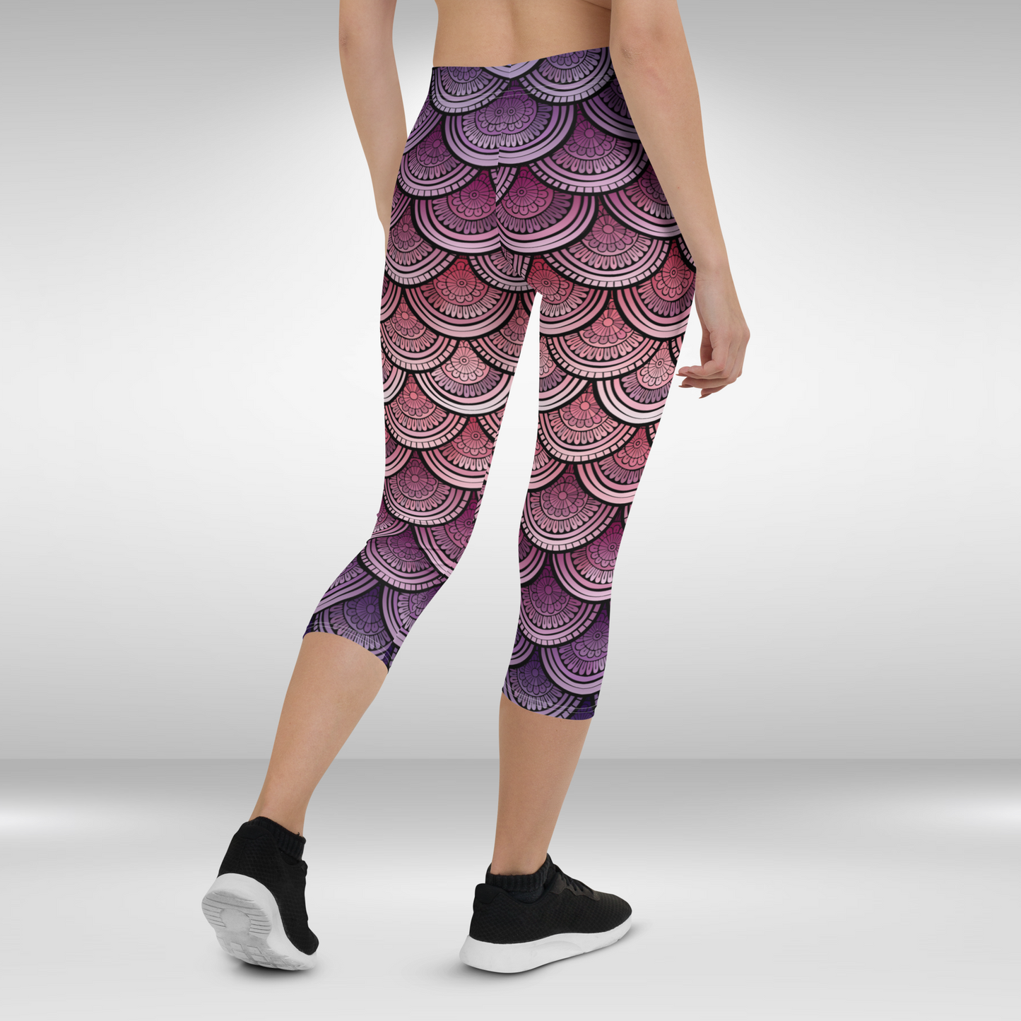 Women Capri Legging- Purple Fish Scale Mandala Print