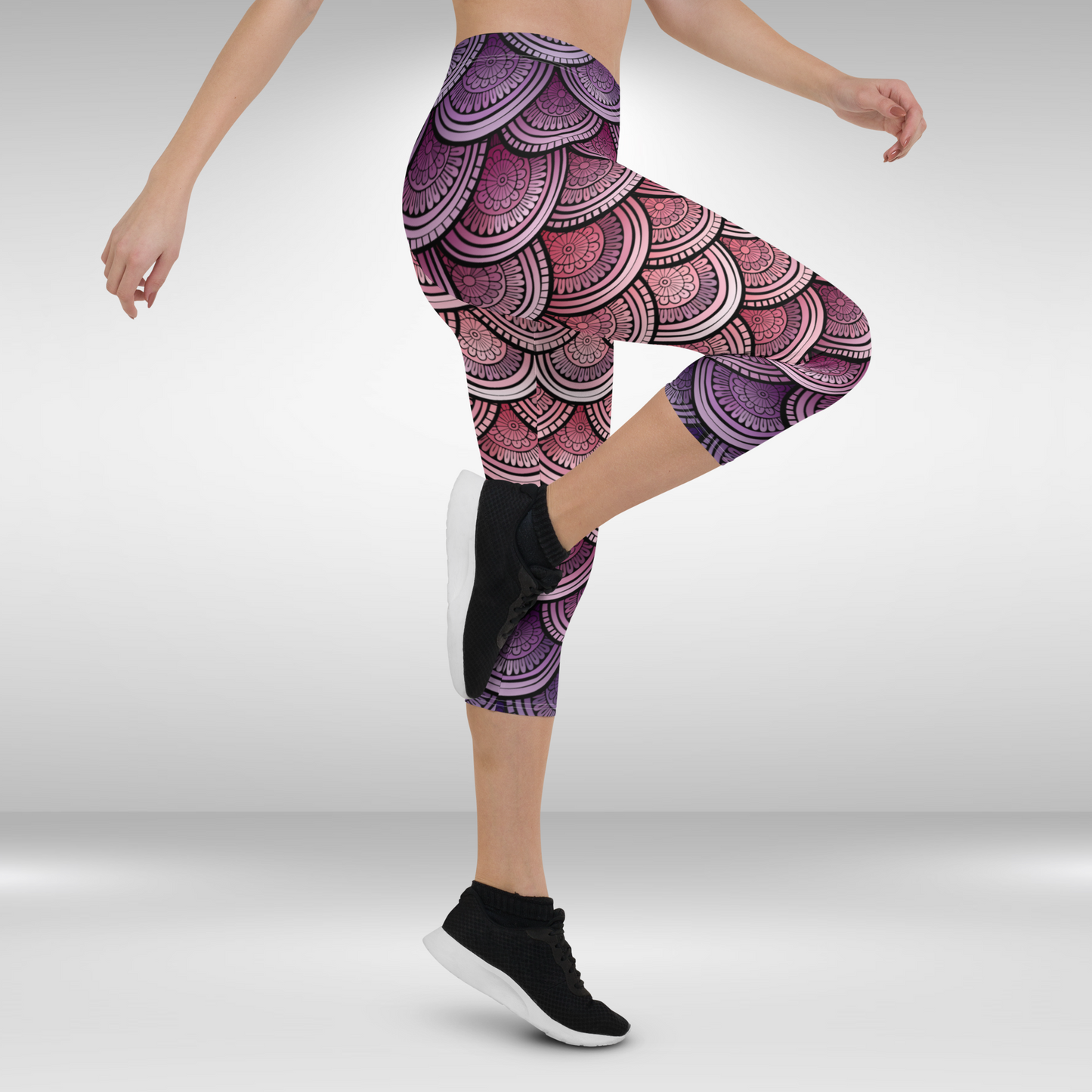 Women Capri Legging- Purple Fish Scale Mandala Print