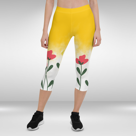 Women Capri Legging - Yellow Floral Print