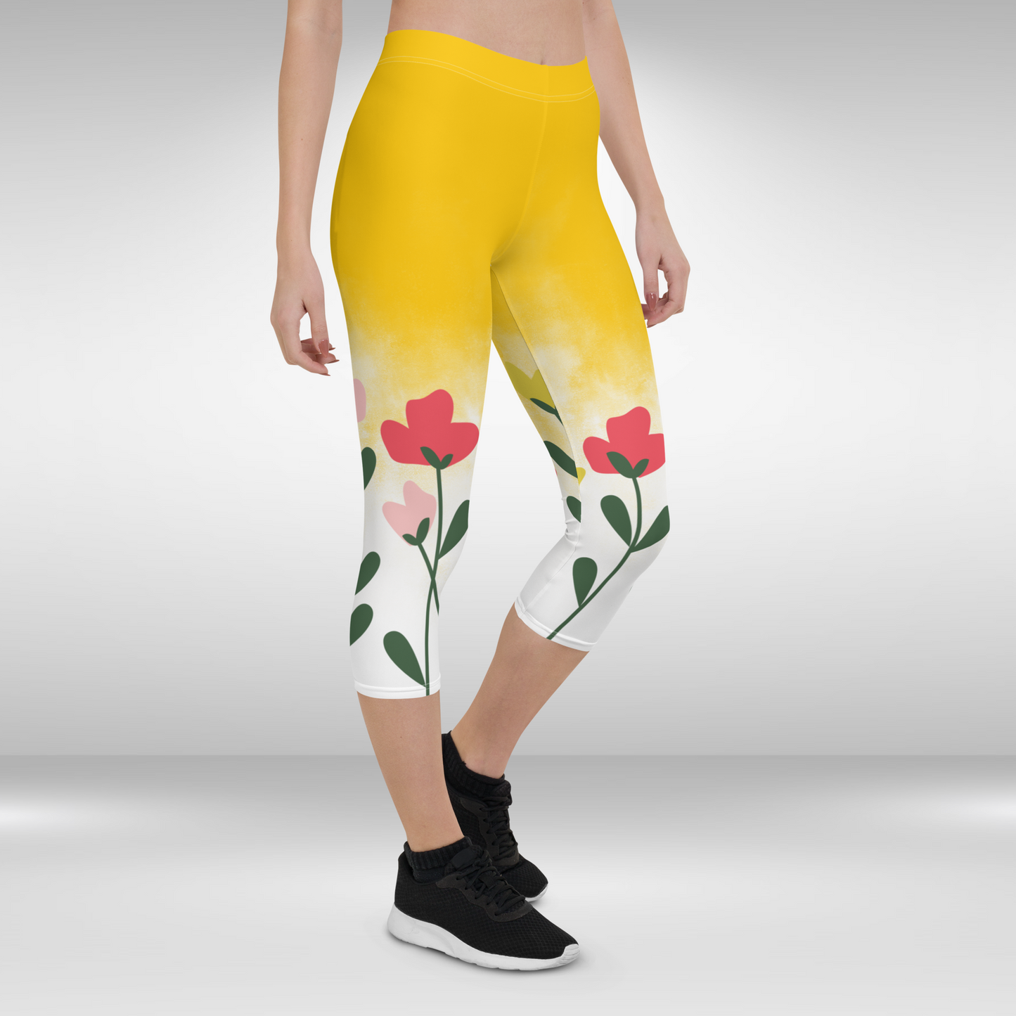 Women Capri Legging - Yellow Floral Print