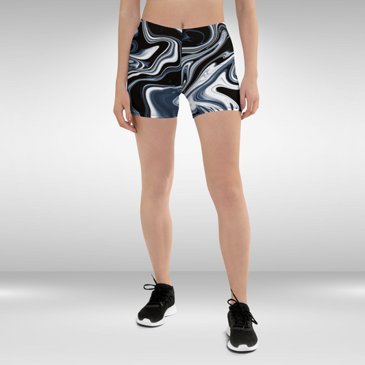 Women Mid Waist Shorts - Black Marble Print