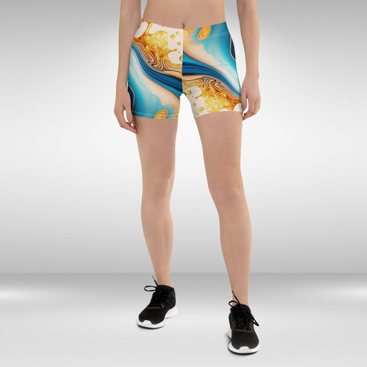 Women Mid Waist Shorts - Blue and Gold Abstract Print