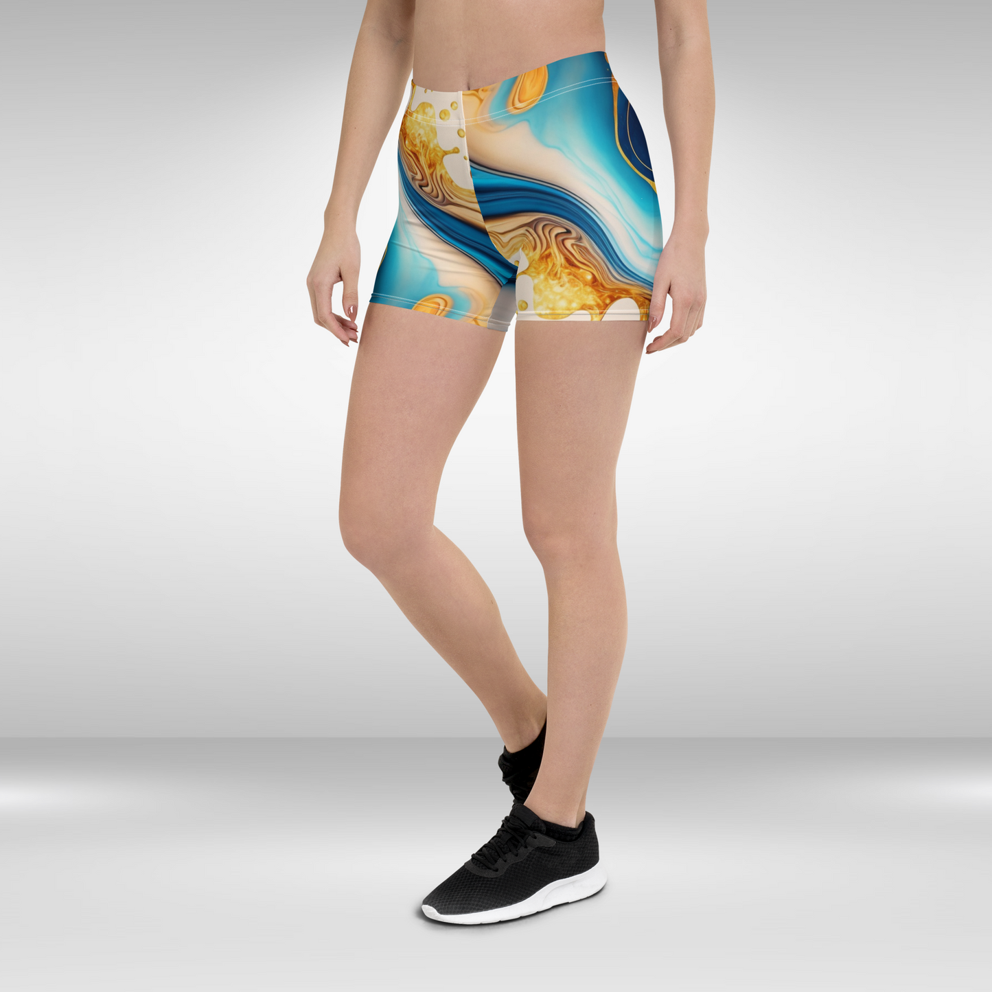 Women Mid Waist Shorts - Blue and Gold Abstract Print
