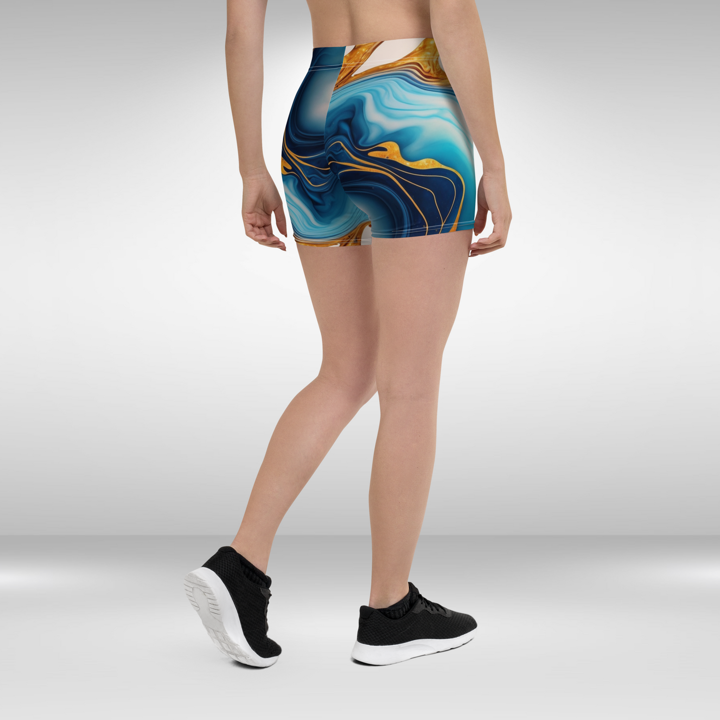 Women Mid Waist Shorts - Blue and Gold Abstract Print